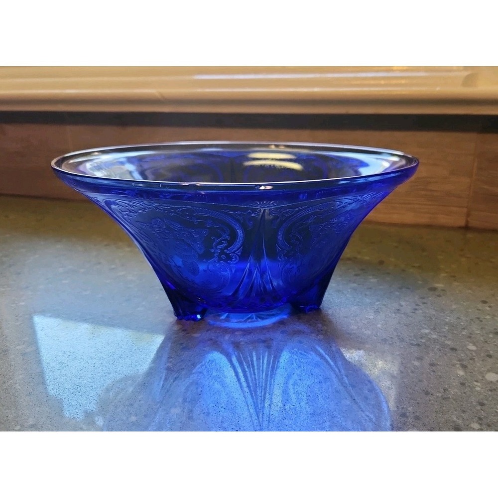 Hazel Atlas Cobalt Blue Royal Lace 10" Bowl Depression Glass, FOOTED, Vintage - Picture 8 of 9